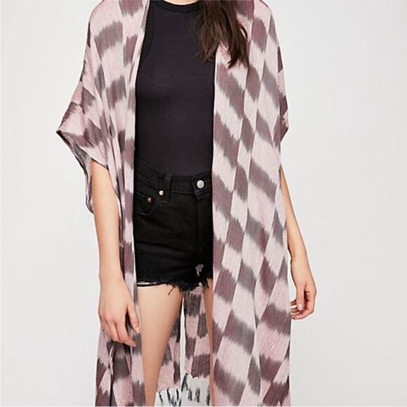 Free People Morning Glow Kimono Fringe Check Print One Size - Picture 1 of 7